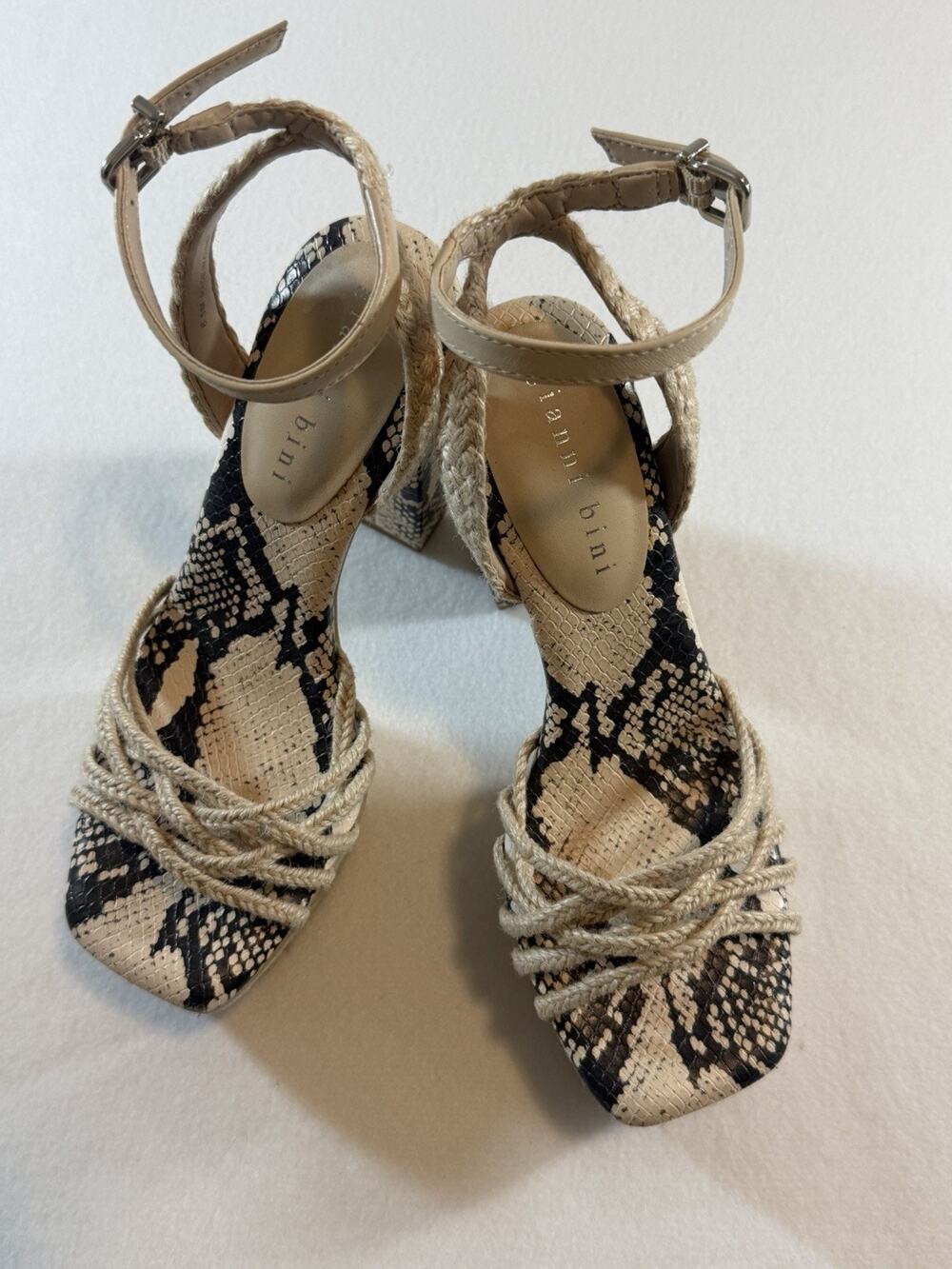 Gianni Bini 6.5 Snake Print Jute Platform Block Heel Ankle Strap Sandals